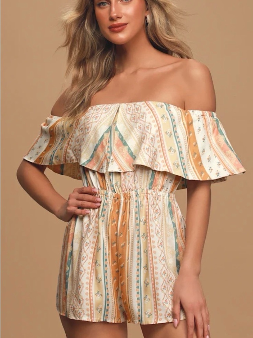MINKPINK Paradiso Off-Shoulder Striped Floral Shorts Playsuit Romper Medium M